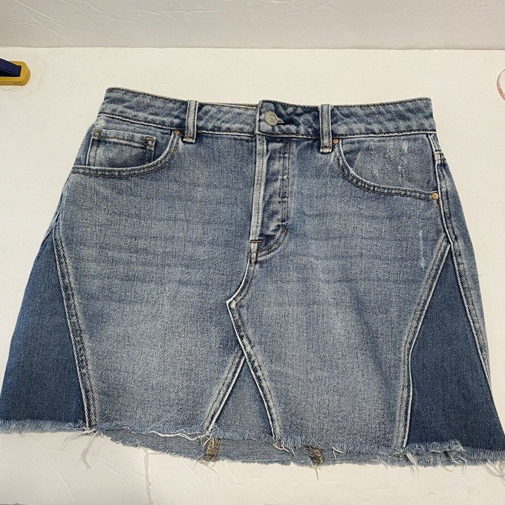 PacSun Jean Skirt Womens 26 Blue Mini Color Block Distressed Denim Button Fly